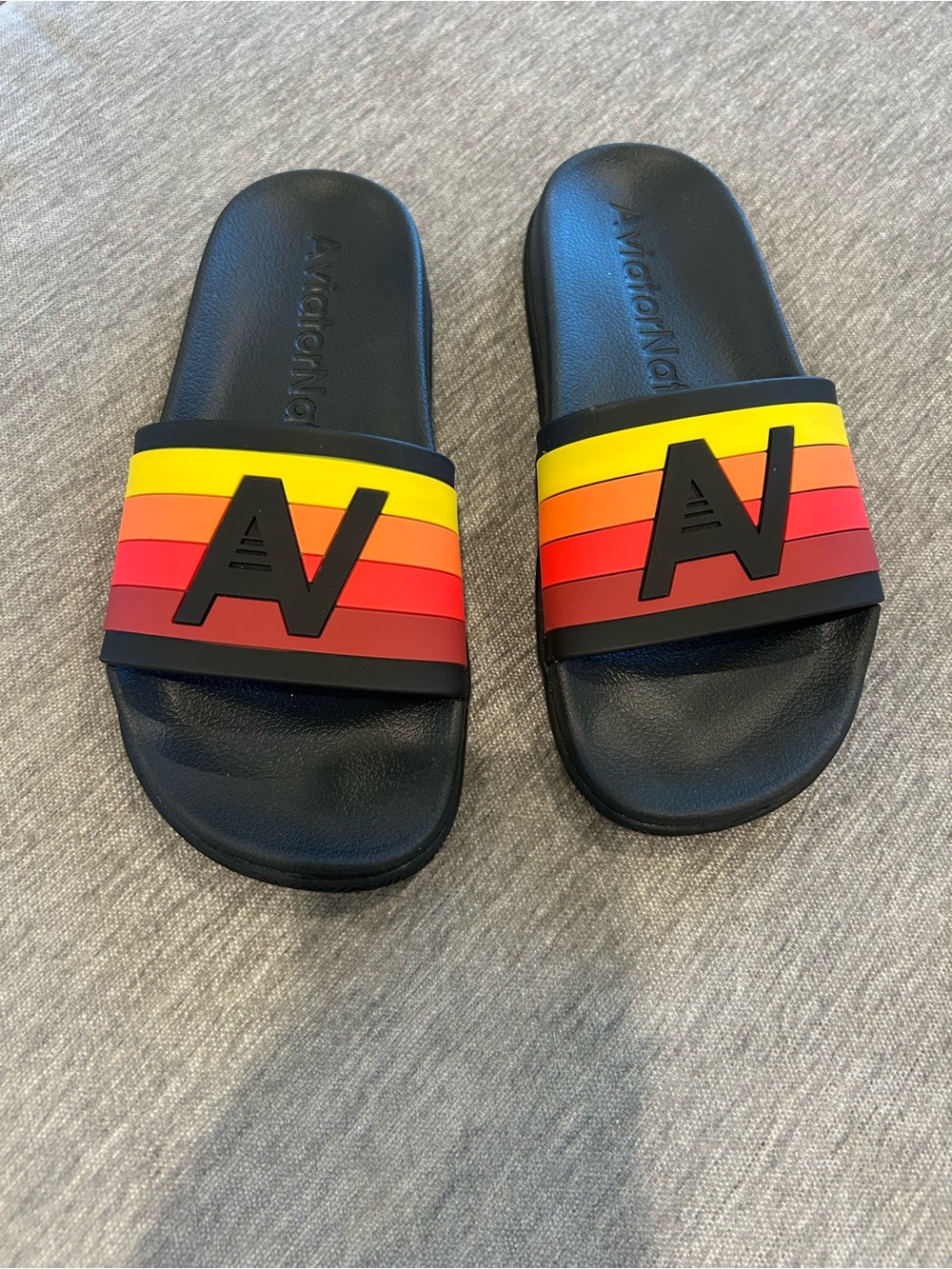 Aviator Nation Black Slides with Sunset Stripe - Brand New
